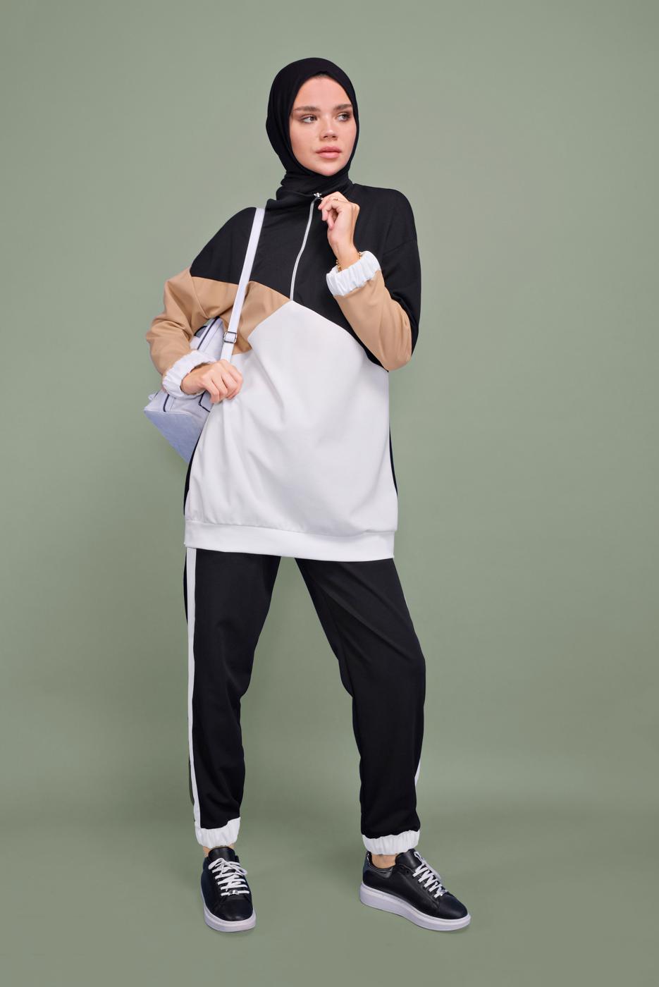 Tesettür giyim SİYAH ÜÇ RENKLİ FERMUAR YAKALI TAKIM T 0066