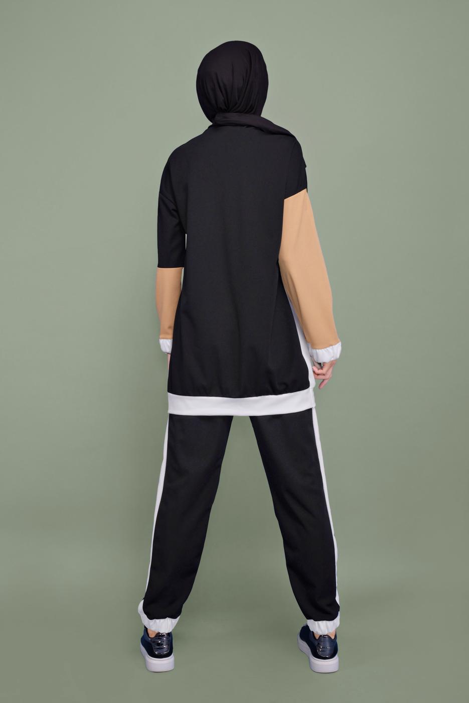 Tesettür giyim SİYAH ÜÇ RENKLİ FERMUAR YAKALI TAKIM T 0066
