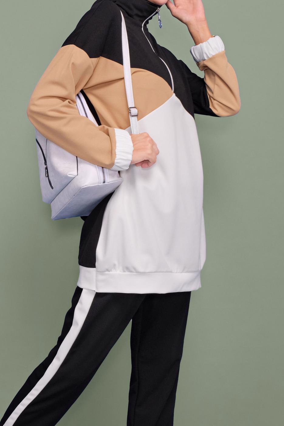 Tesettür giyim SİYAH ÜÇ RENKLİ FERMUAR YAKALI TAKIM T 0066