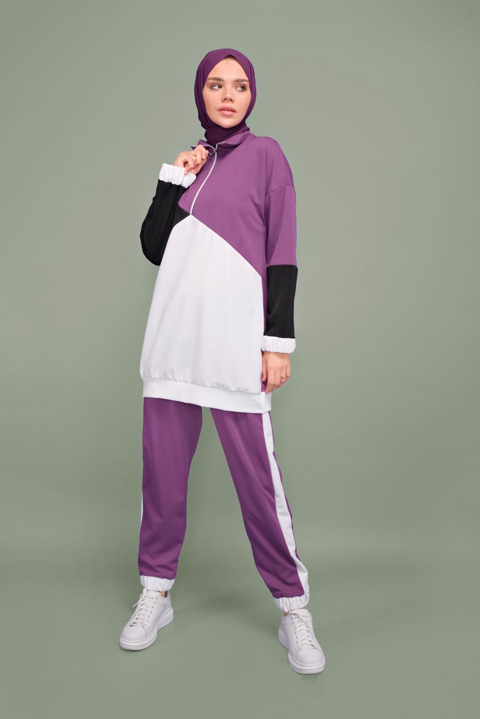 Tesettür giyim MOR ÜÇ RENKLİ FERMUAR YAKALI TAKIM T 0066
