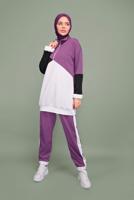 Tesettür giyim MOR ÜÇ RENKLİ FERMUAR YAKALI TAKIM T 0066