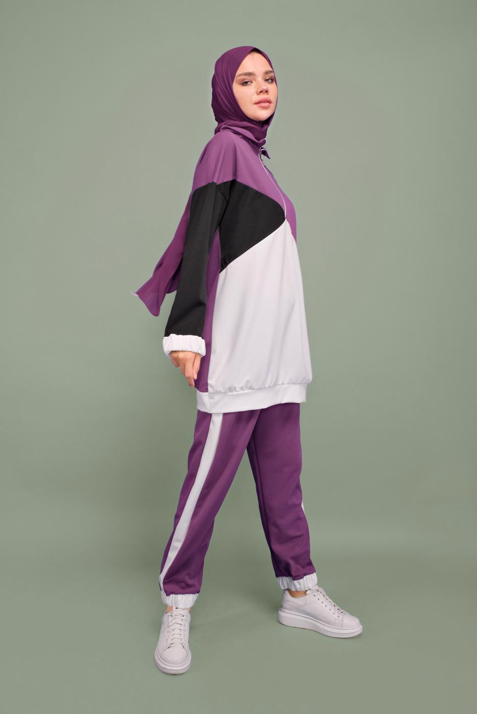 Tesettür giyim MOR ÜÇ RENKLİ FERMUAR YAKALI TAKIM T 0066