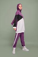Tesettür giyim MOR ÜÇ RENKLİ FERMUAR YAKALI TAKIM T 0066