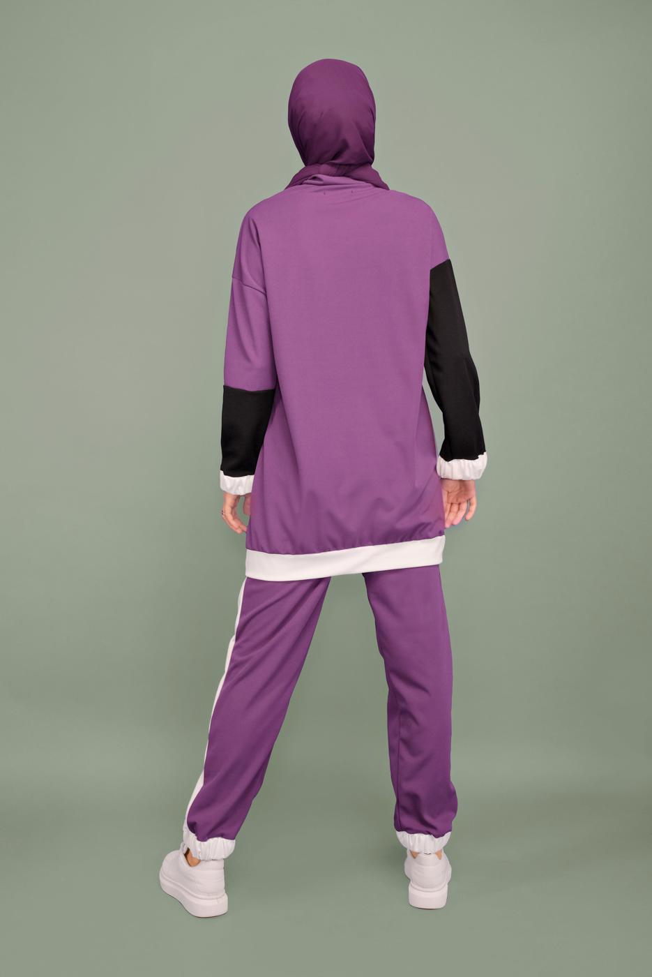 Tesettür giyim MOR ÜÇ RENKLİ FERMUAR YAKALI TAKIM T 0066