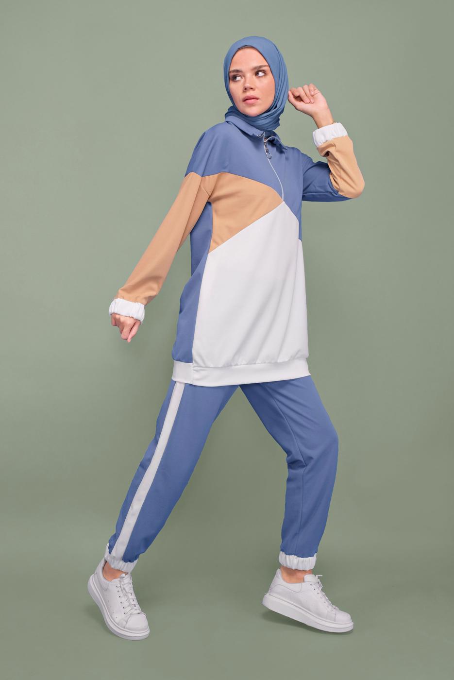 Tesettür giyim LACİVERT ÜÇ RENKLİ FERMUAR YAKALI TAKIM T 0066