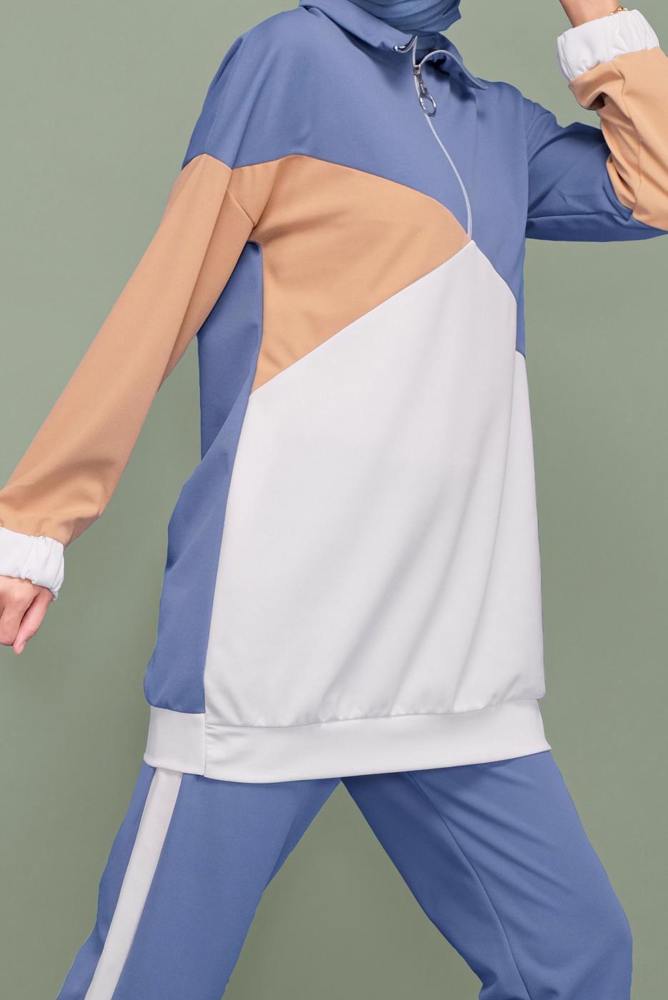 Tesettür giyim LACİVERT ÜÇ RENKLİ FERMUAR YAKALI TAKIM T 0066