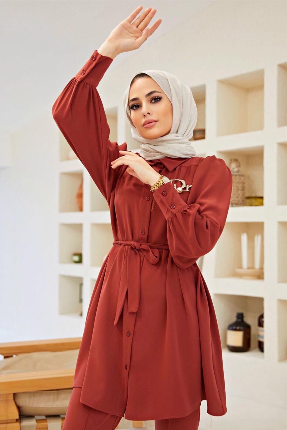 Hijab clothing BROWN BELTED SALAS SUIT WITH PANTS 0090  