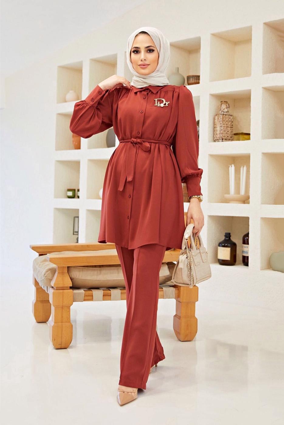 Hijab clothing BROWN BELTED SALAS SUIT WITH PANTS 0090  