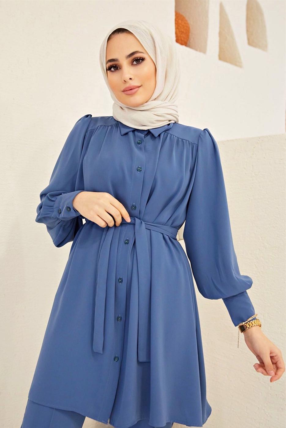 Tesettür giyim LACİVERT KUŞAKLI SALAŞ PANTOLONLU TAKIM  0090  
