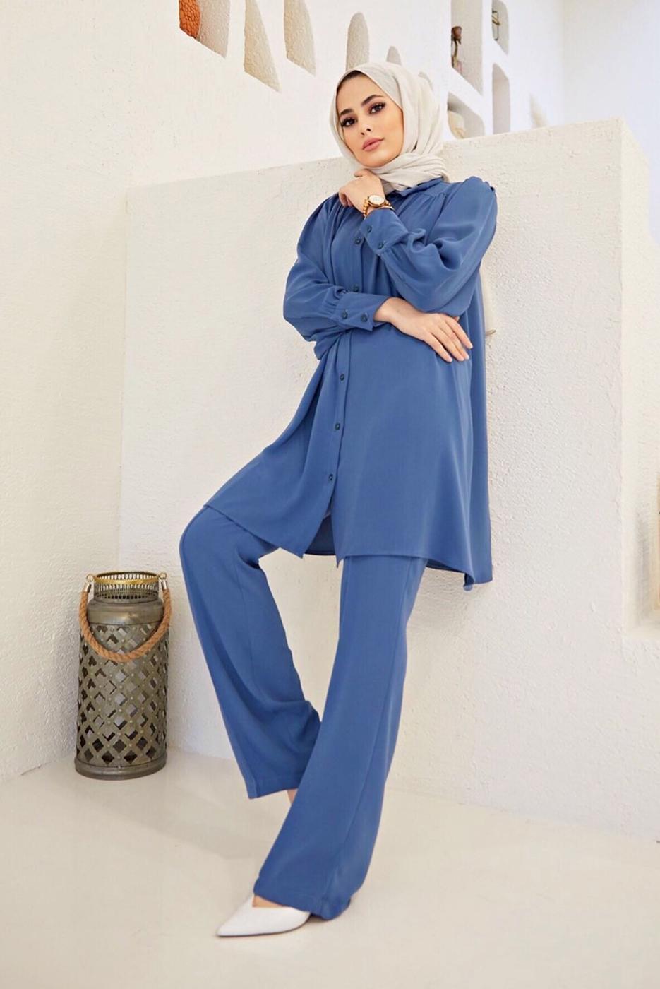 Tesettür giyim LACİVERT KUŞAKLI SALAŞ PANTOLONLU TAKIM  0090  
