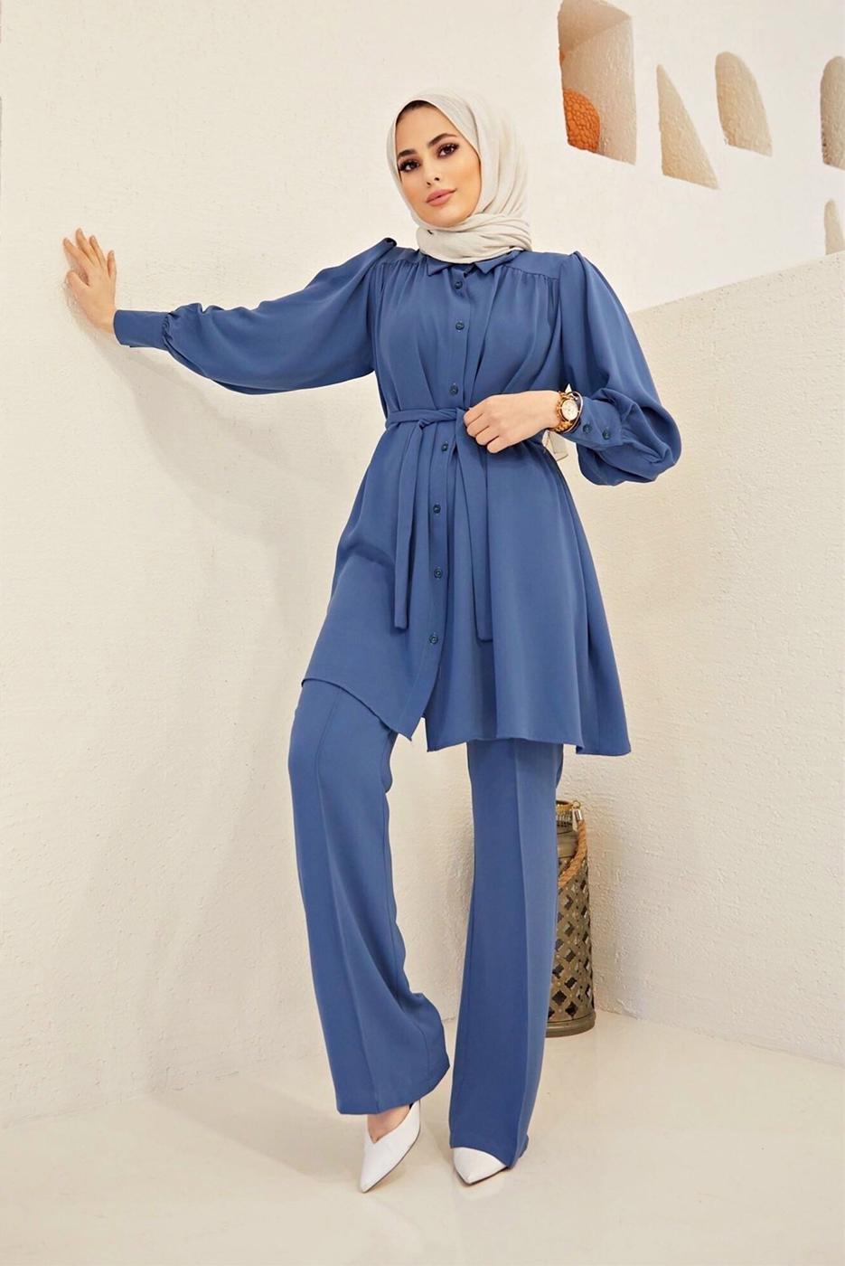 Tesettür giyim LACİVERT KUŞAKLI SALAŞ PANTOLONLU TAKIM  0090  