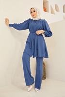 Tesettür giyim LACİVERT KUŞAKLI SALAŞ PANTOLONLU TAKIM  0090  