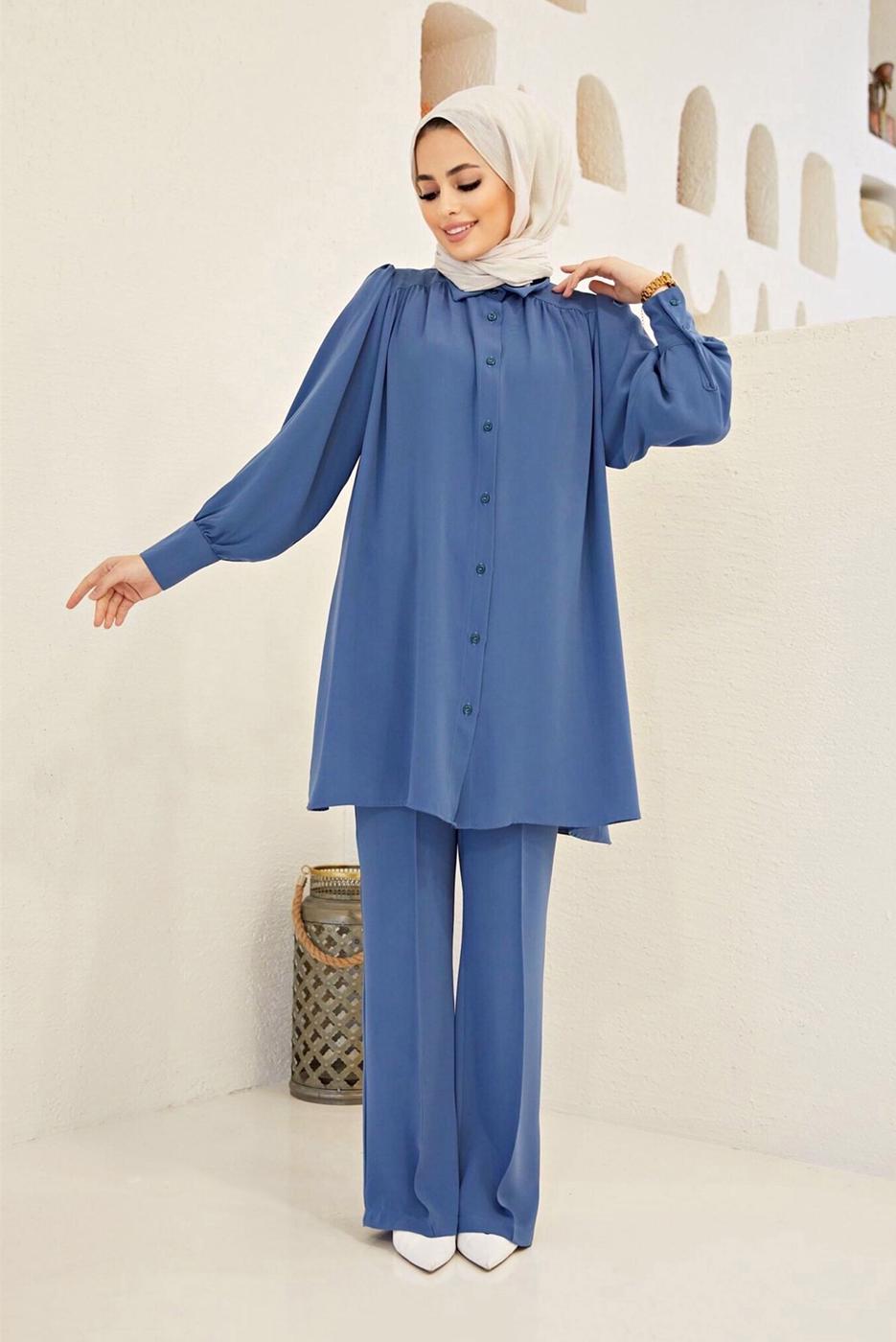 Tesettür giyim LACİVERT KUŞAKLI SALAŞ PANTOLONLU TAKIM  0090  