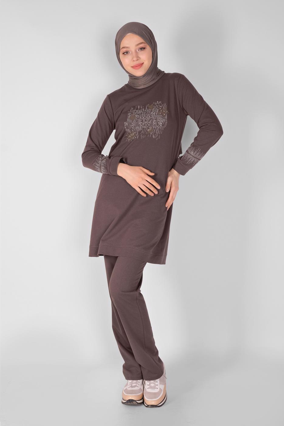 Vêtements hijab BRUN ENSEMBLE SURVÊTEMENT IMPRIMÉ PIERRE AVEC PANTALON 0307 