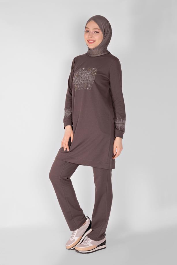 Vêtements hijab  STONE PRINTED TRACKSUIT SET WITH PANTS 0307   - TRENDTESETTÜR