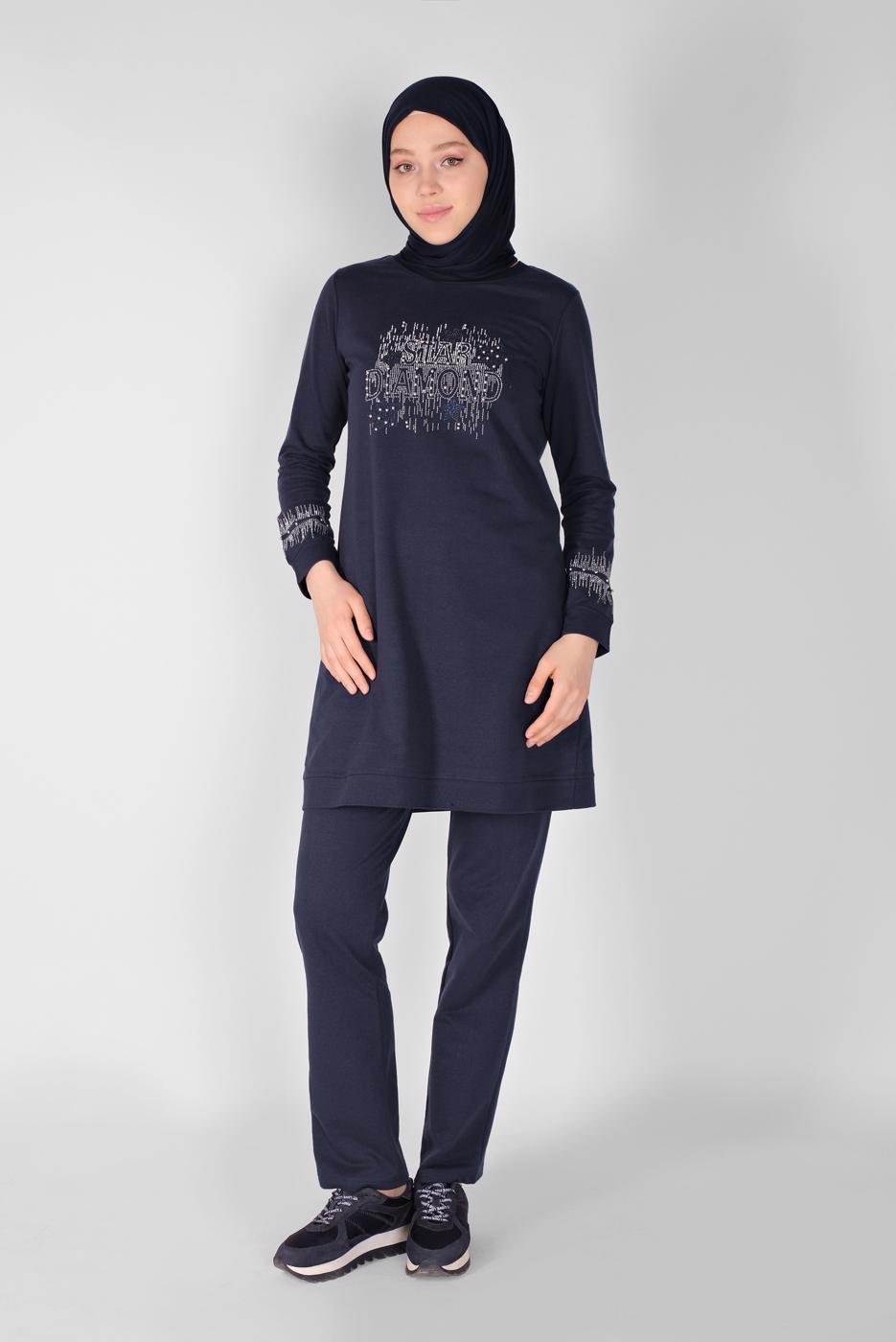 Vêtements hijab BLEU MARINE ENSEMBLE SURVÊTEMENT IMPRIMÉ PIERRE AVEC PANTALON 0307 