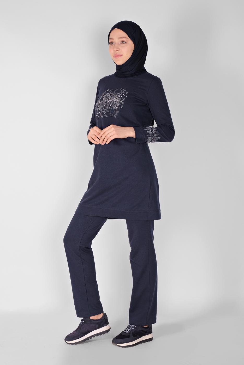 Vêtements hijab BLEU MARINE ENSEMBLE SURVÊTEMENT IMPRIMÉ PIERRE AVEC PANTALON 0307 