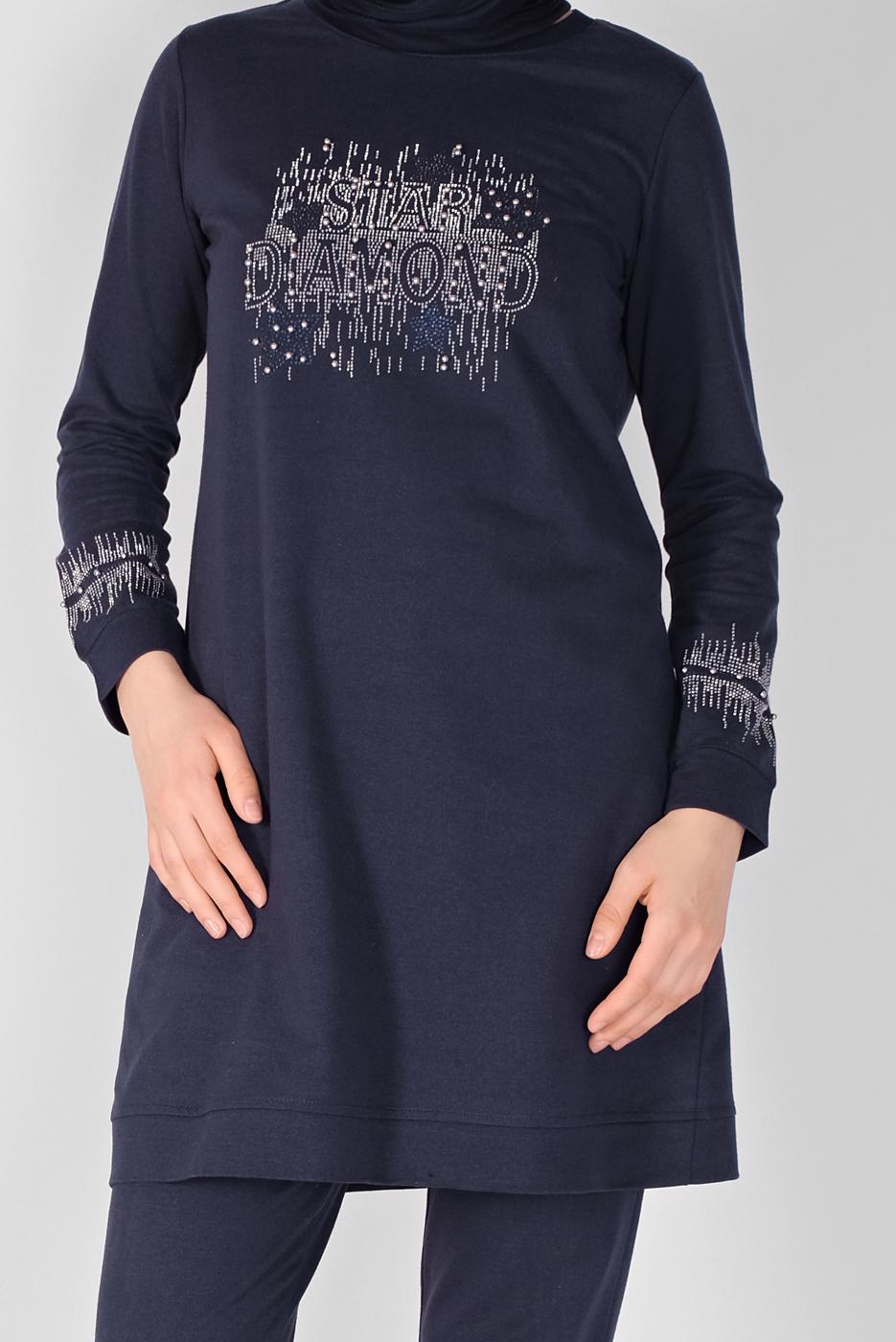 Vêtements hijab BLEU MARINE ENSEMBLE SURVÊTEMENT IMPRIMÉ PIERRE AVEC PANTALON 0307 