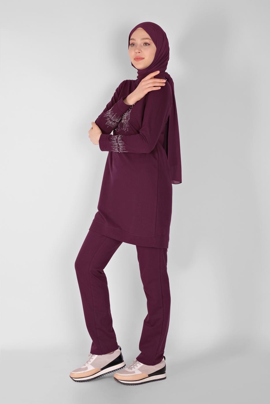 Vêtements hijab PRUNE ENSEMBLE SURVÊTEMENT IMPRIMÉ PIERRE AVEC PANTALON 0307 