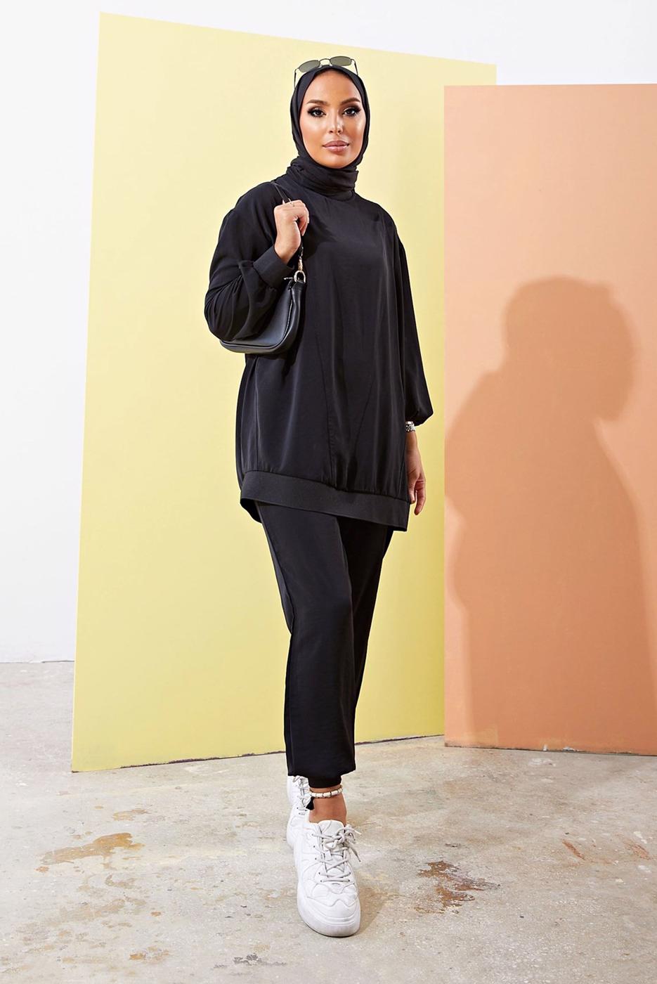Tesettür giyim SİYAH MANŞETLERİ LASTİKLİ SALAŞ İKİLİ PANTOLONLU TAKIM 0310 