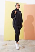 Tesettür giyim SİYAH MANŞETLERİ LASTİKLİ SALAŞ İKİLİ PANTOLONLU TAKIM 0310 