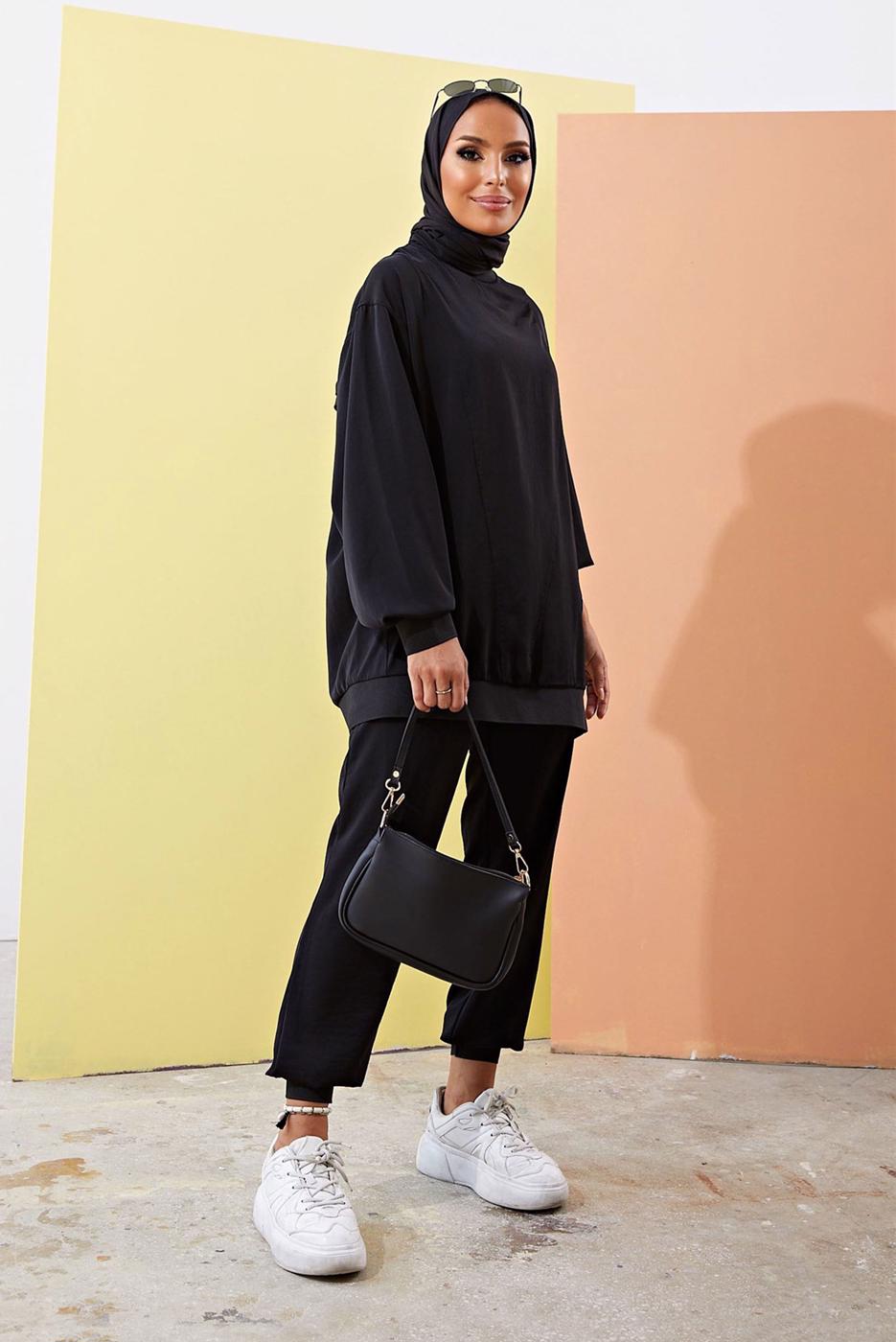 Tesettür giyim SİYAH MANŞETLERİ LASTİKLİ SALAŞ İKİLİ PANTOLONLU TAKIM 0310 