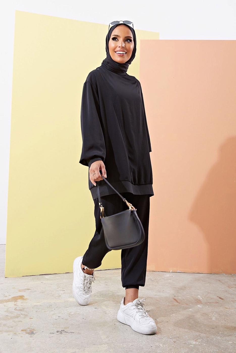 Tesettür giyim SİYAH MANŞETLERİ LASTİKLİ SALAŞ İKİLİ PANTOLONLU TAKIM 0310 