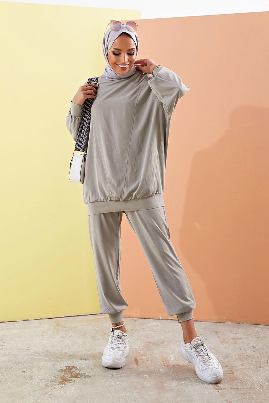 Vêtements hijab GRIS COSTUME PANTALON 2 PIÈCES BOOTH AVEC POIGNETS ÉLASTIQUES 0310