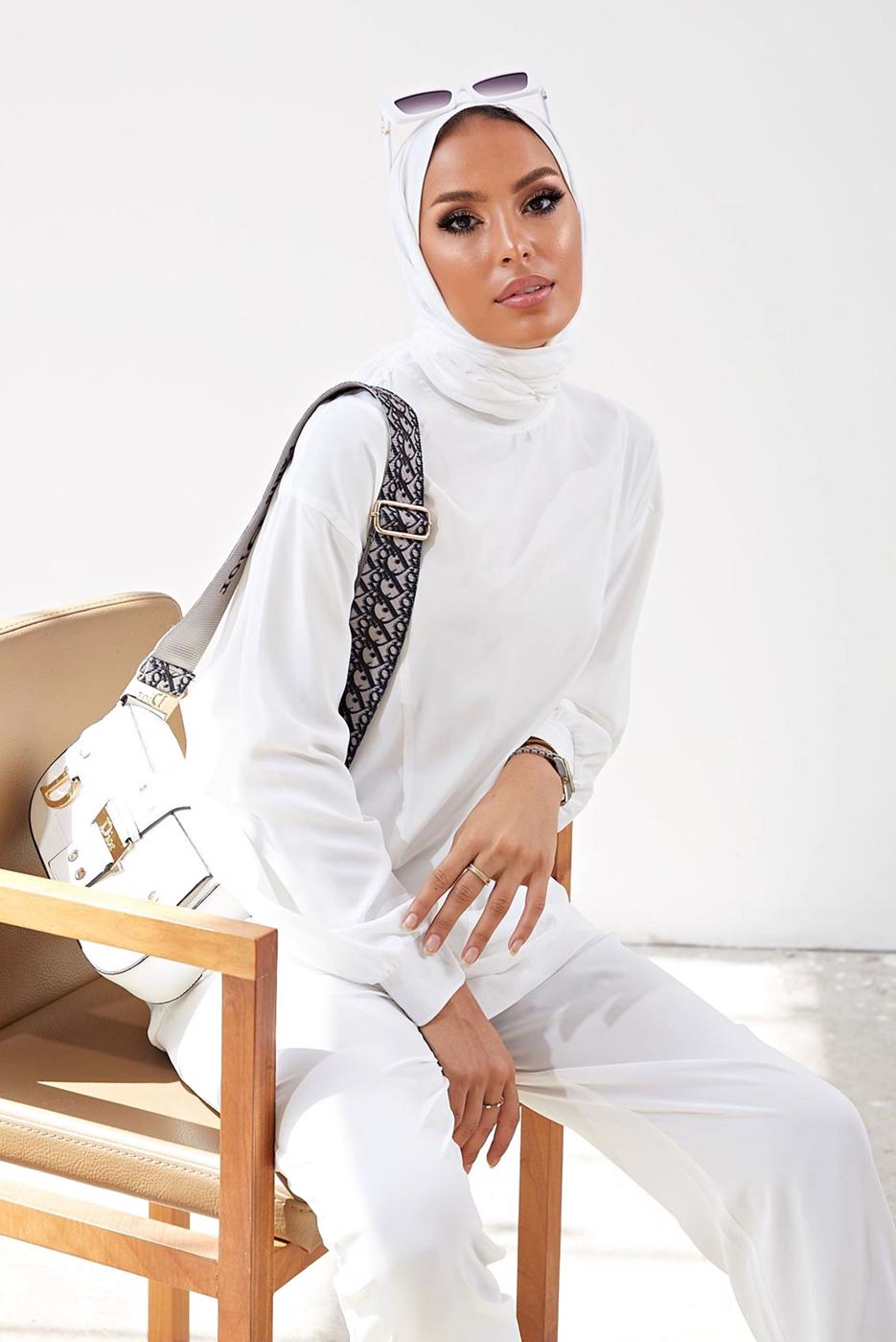 Tesettür giyim EKRU MANŞETLERİ LASTİKLİ SALAŞ İKİLİ PANTOLONLU TAKIM 0310 