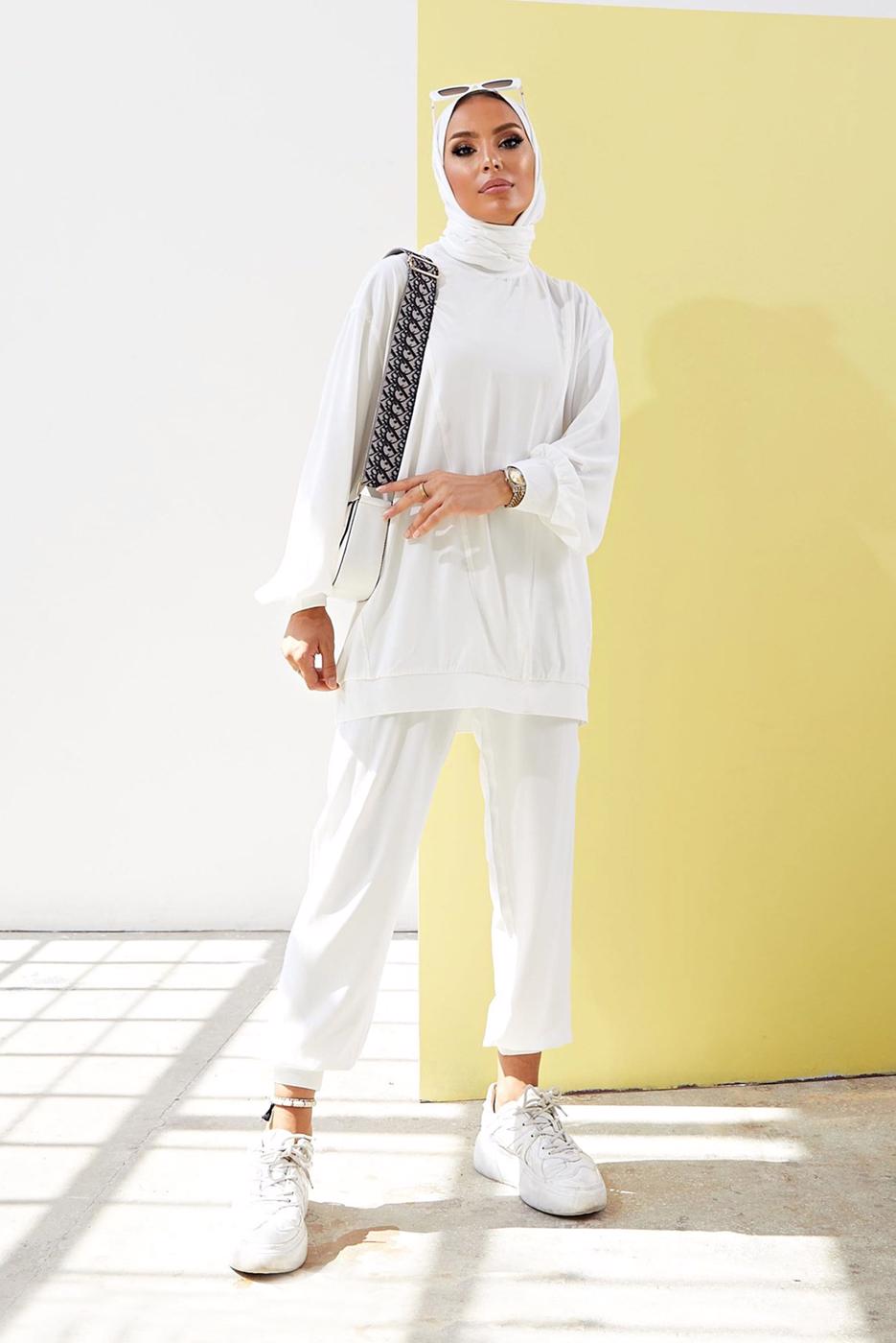 Tesettür giyim EKRU MANŞETLERİ LASTİKLİ SALAŞ İKİLİ PANTOLONLU TAKIM 0310 
