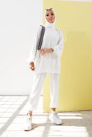 Tesettür giyim EKRU MANŞETLERİ LASTİKLİ SALAŞ İKİLİ PANTOLONLU TAKIM 0310 