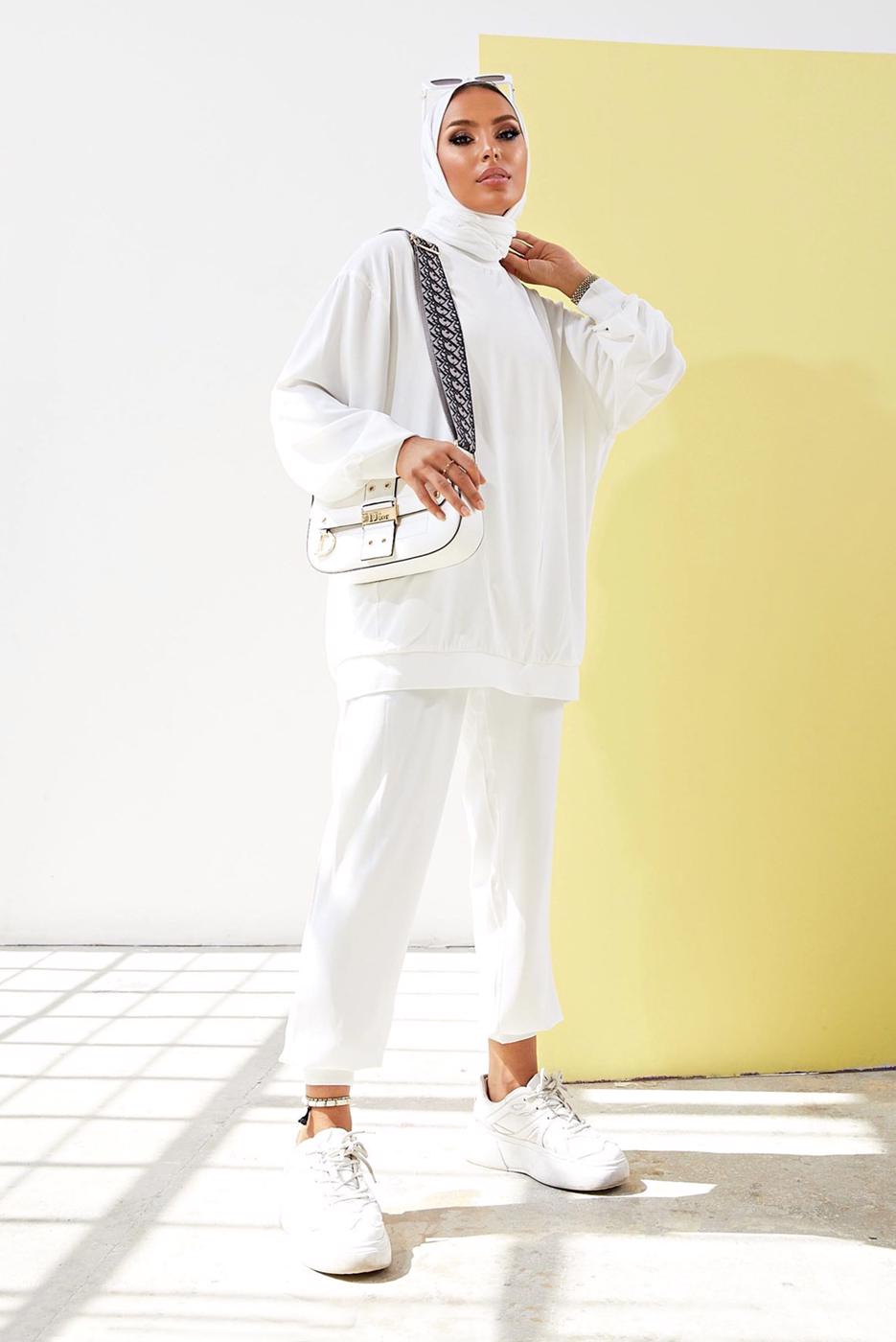 Tesettür giyim EKRU MANŞETLERİ LASTİKLİ SALAŞ İKİLİ PANTOLONLU TAKIM 0310 