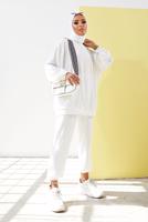Tesettür giyim EKRU MANŞETLERİ LASTİKLİ SALAŞ İKİLİ PANTOLONLU TAKIM 0310 