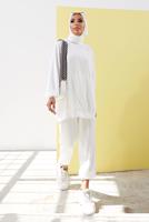 Tesettür giyim EKRU MANŞETLERİ LASTİKLİ SALAŞ İKİLİ PANTOLONLU TAKIM 0310 