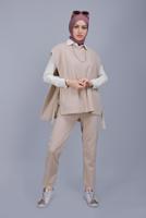 Tesettür giyim BEJ YANDAN BAĞLAMALI İKİLİ PANTOLONLU TAKIM 352 