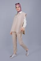 Tesettür giyim BEJ YANDAN BAĞLAMALI İKİLİ PANTOLONLU TAKIM 352 