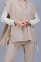 Tesettür giyim BEJ YANDAN BAĞLAMALI İKİLİ PANTOLONLU TAKIM 352 
