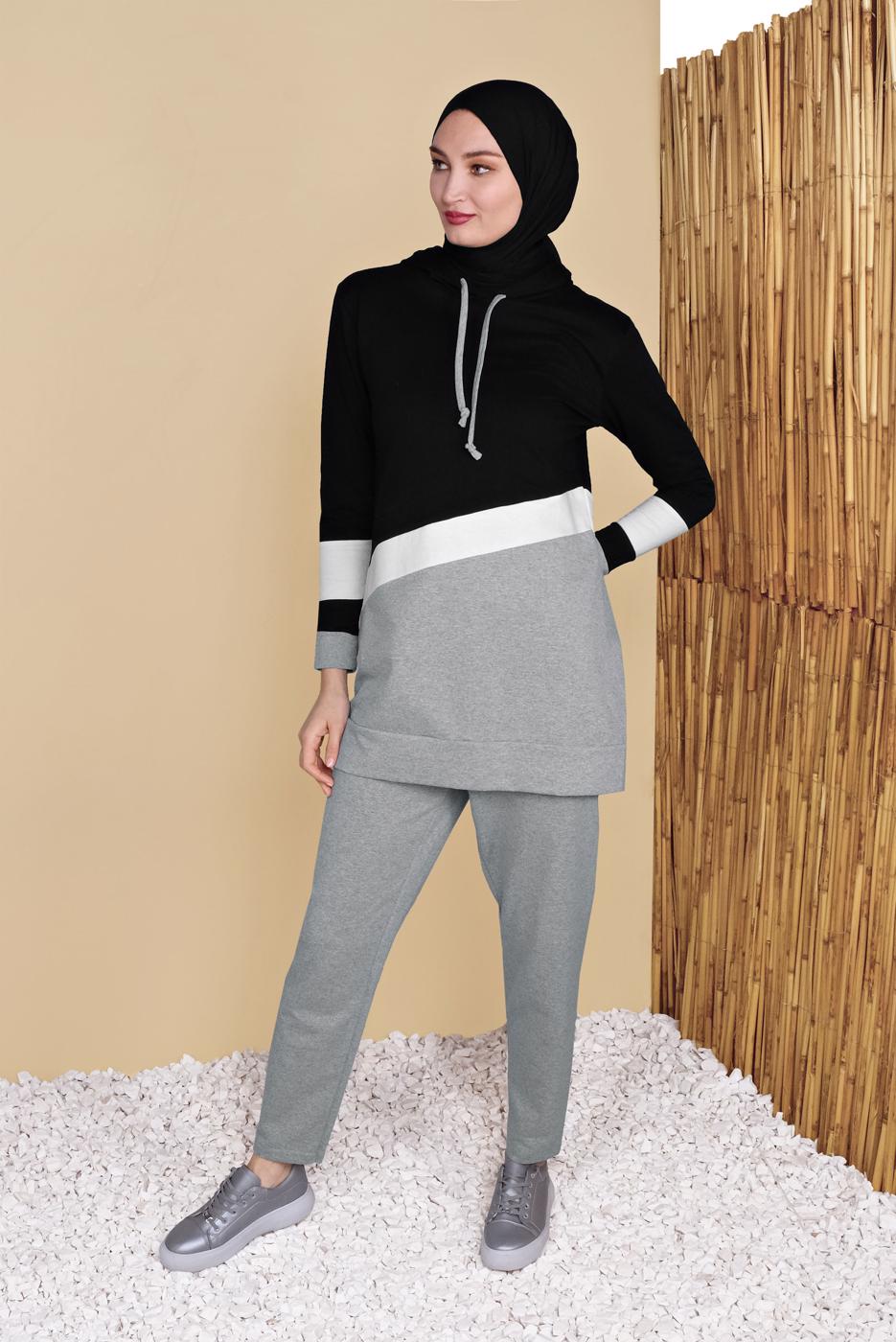 Tesettür giyim GRİ ÜÇ RENK ŞERİTLİ EŞOFMAN TAKIM  0455 