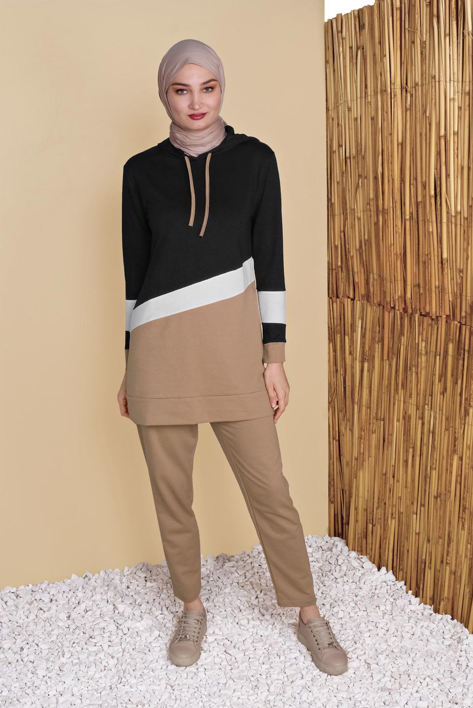 Tesettür giyim KAHVE ÜÇ RENK ŞERİTLİ EŞOFMAN TAKIM  0455 