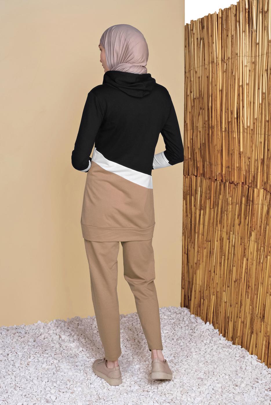Tesettür giyim KAHVE ÜÇ RENK ŞERİTLİ EŞOFMAN TAKIM  0455 