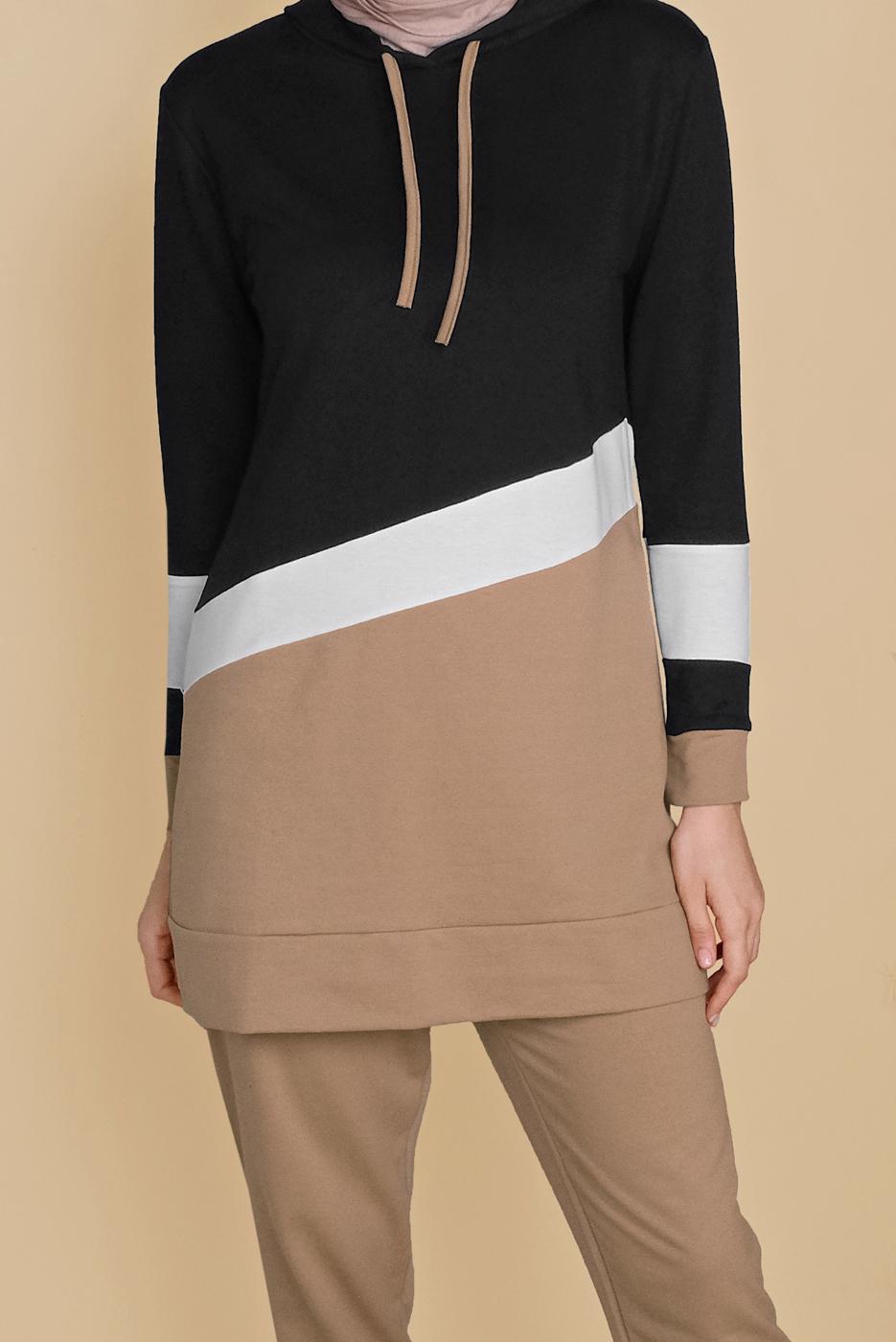 Tesettür giyim KAHVE ÜÇ RENK ŞERİTLİ EŞOFMAN TAKIM  0455 