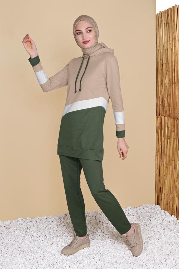 Hijab clothing KHAKI 3-COLOR STRIPED TRACKSUIT SET 0455  - TRENDTESETTÜR