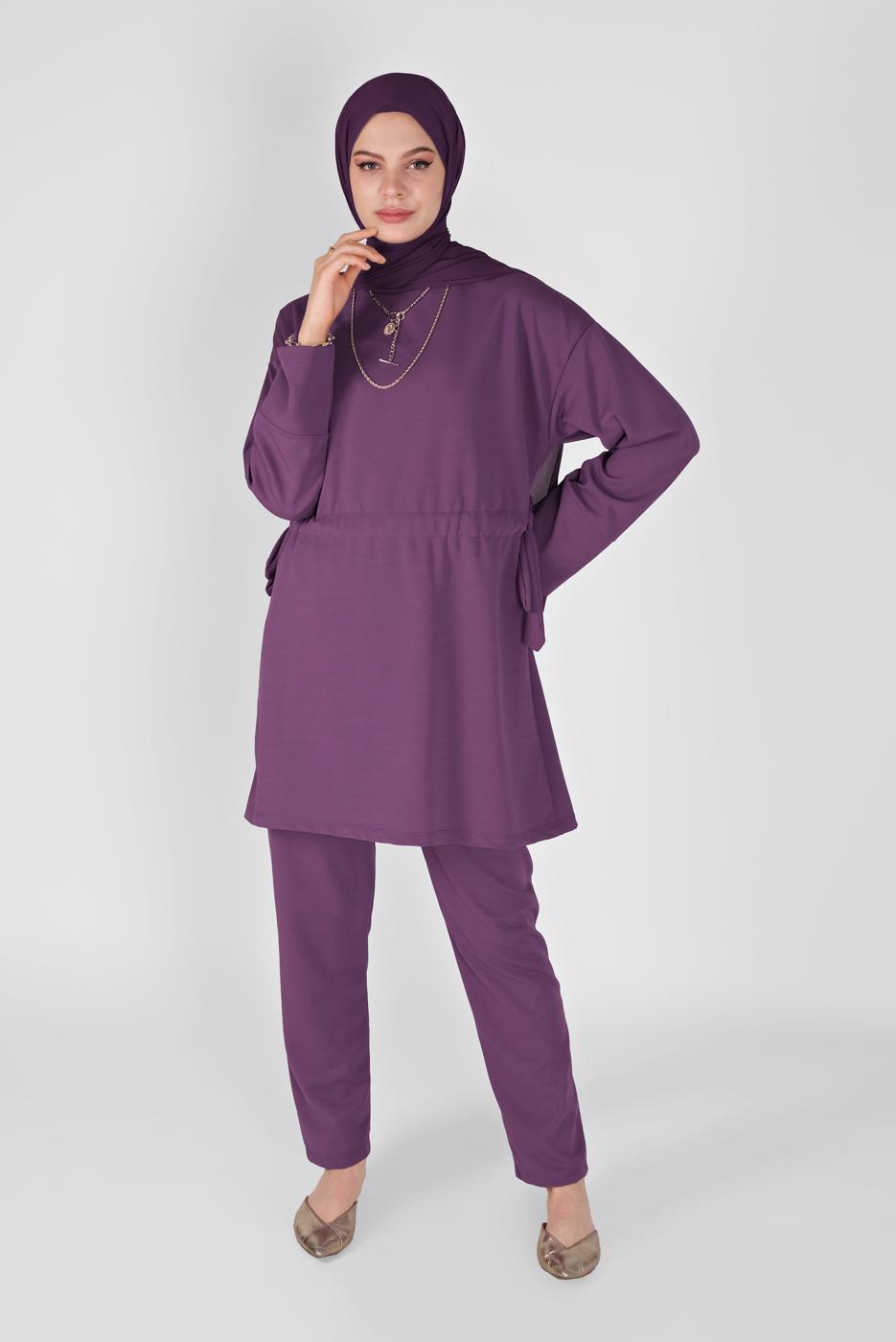 Tesettür giyim MOR BÜZGÜLÜ PANTOLONLU TAKIM  0956 