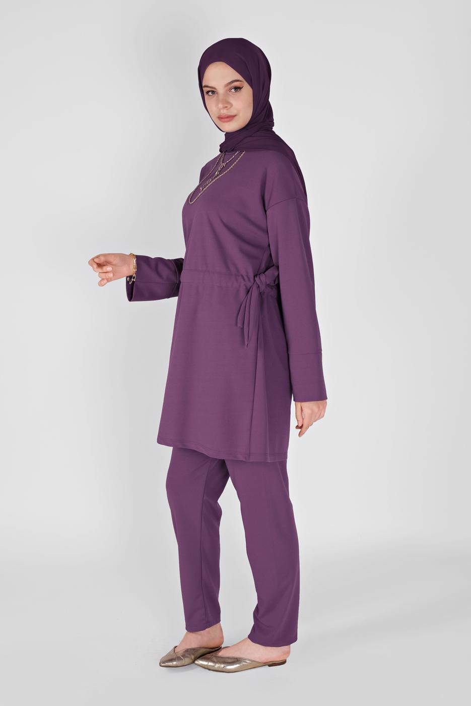 Tesettür giyim MOR BÜZGÜLÜ PANTOLONLU TAKIM  0956 
