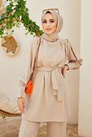 Tesettür giyim BEJ PAÇA DETAYLI KUŞAKLI PANTOLONLU TAKIM 1010 