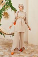 Tesettür giyim BEJ PAÇA DETAYLI KUŞAKLI PANTOLONLU TAKIM 1010 