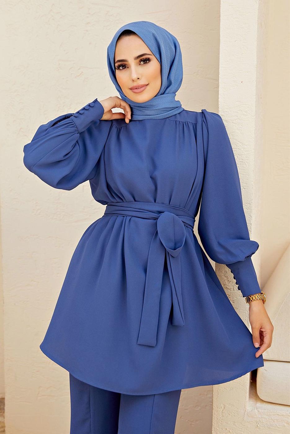 Tesettür giyim LACİVERT PAÇA DETAYLI KUŞAKLI PANTOLONLU TAKIM 1010 