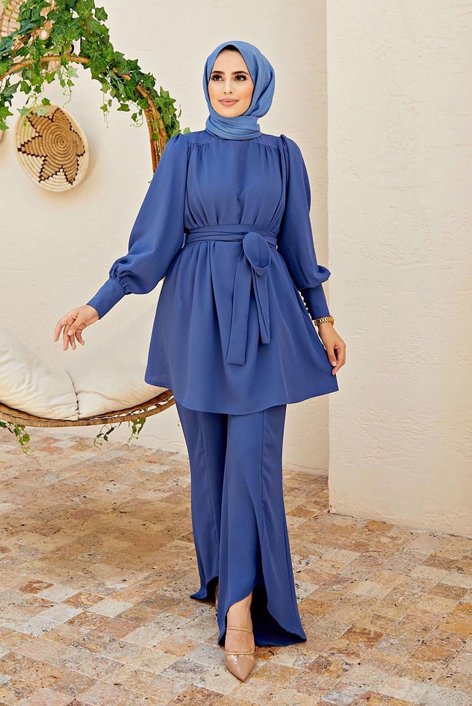 Tesettür giyim LACİVERT PAÇA DETAYLI KUŞAKLI PANTOLONLU TAKIM 1010 