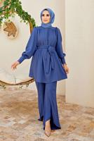 Tesettür giyim LACİVERT PAÇA DETAYLI KUŞAKLI PANTOLONLU TAKIM 1010 
