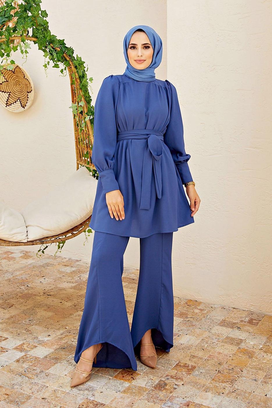 Tesettür giyim LACİVERT PAÇA DETAYLI KUŞAKLI PANTOLONLU TAKIM 1010 